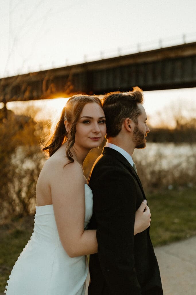 wedding photo in south bend at the brick during golden hour 