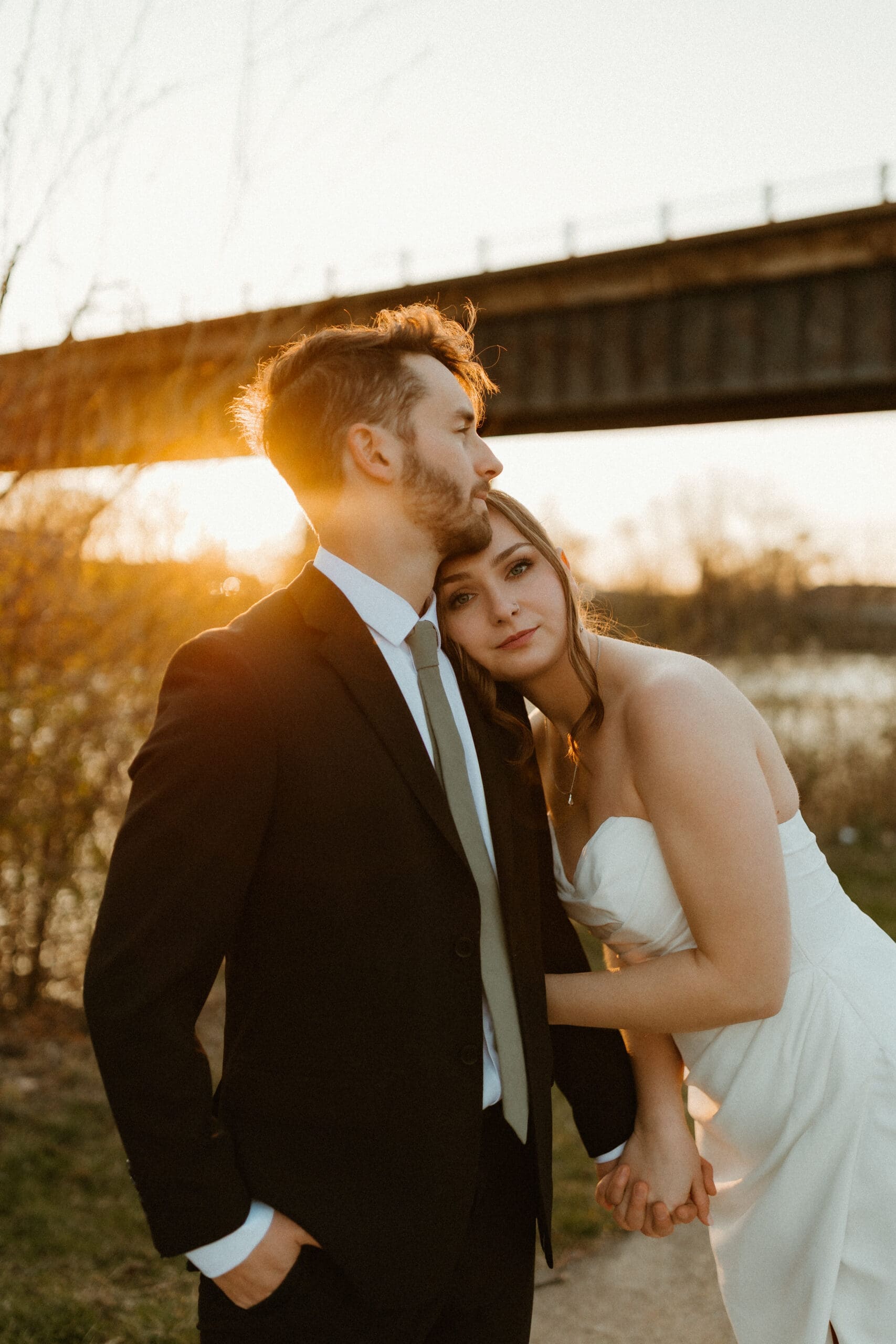 golden hour bride and groom photo in south bend