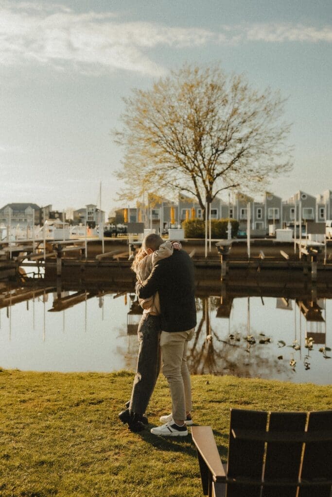 candid moment between newly engaged couple in New Buffalo 