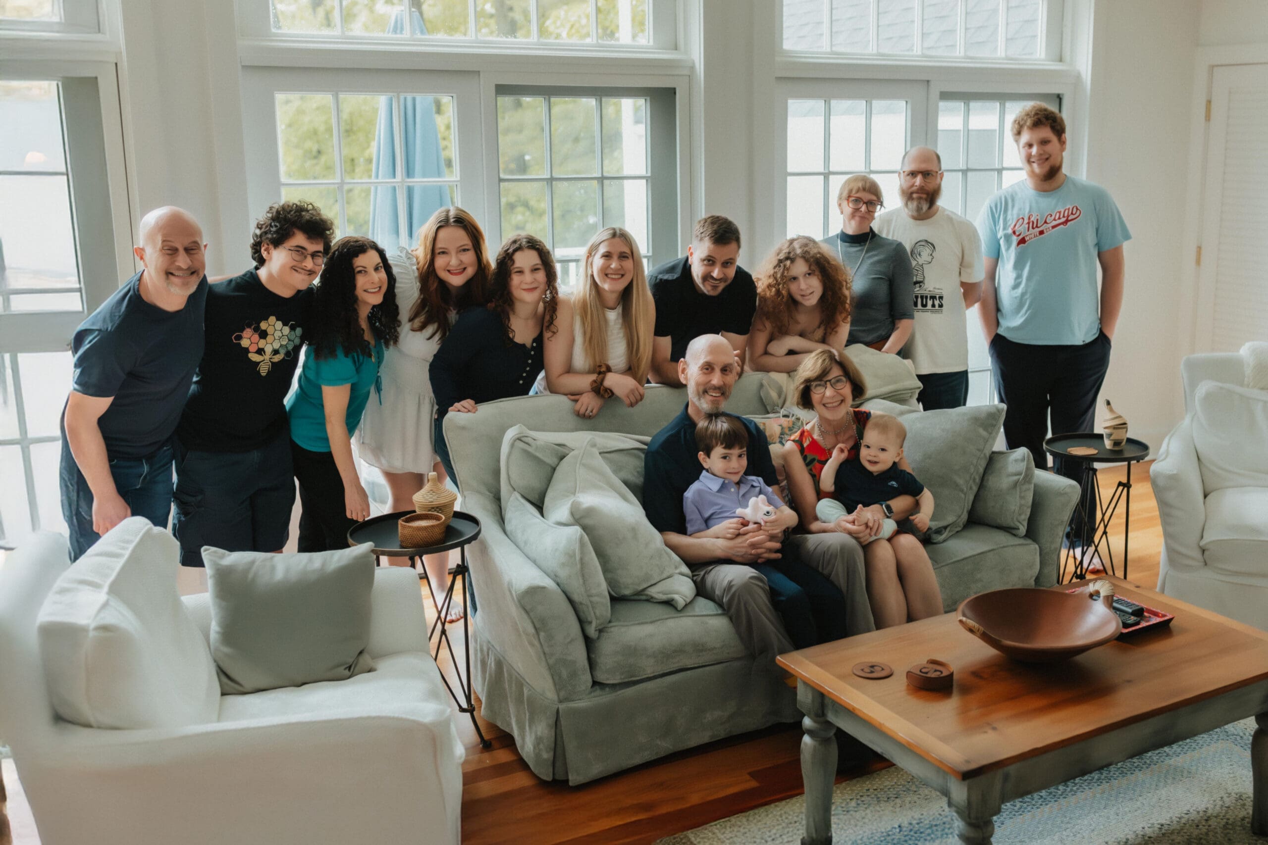 extended family photograph of large group indoors